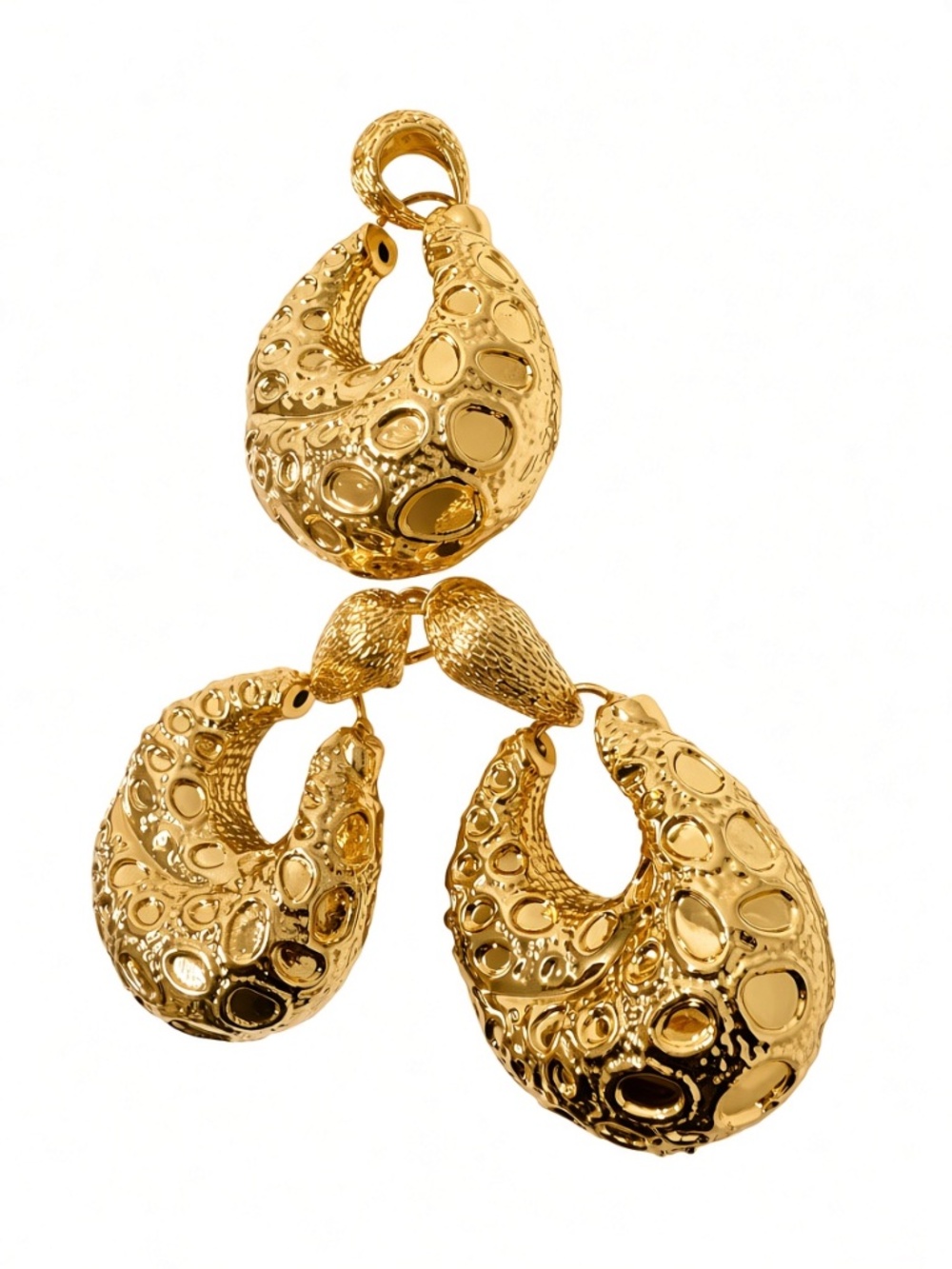 Gold Textured Organic Hoop Earrings + Matching Pendant | Statement Jewelry Set - Picture 4 of 5